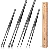 4 Pcs Fine Long Tweezer Tongs Professional Black, 12'' and 10'' Stainless Steel for Kitchen, Food, Cooking, Repairing, Sea food and BBQ