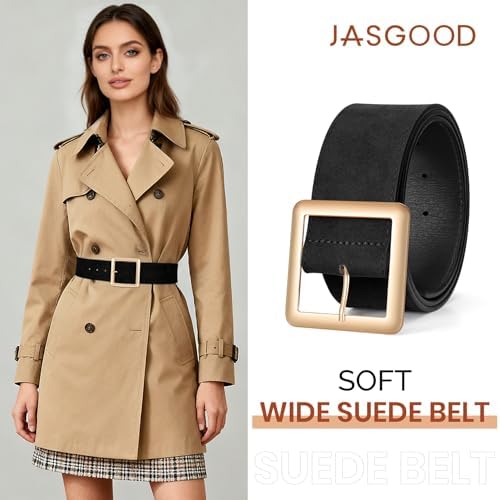 JASGOOD Women Wide Suede Belt Chunky Belts for Jeans Dresses Coats Ladies Waist Belt with Gold/Silver Buckle, Width 1.89"
