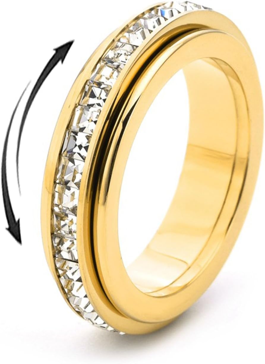 Sparkling Spinning Ring, Anxiety Rings Titanium Steel Spinner Fidget Band Rings for Women Cubic Zirconia Relieving Anxiety Wedding Promise Lucky Statement Ring Comfort Fit Size 5 to 12