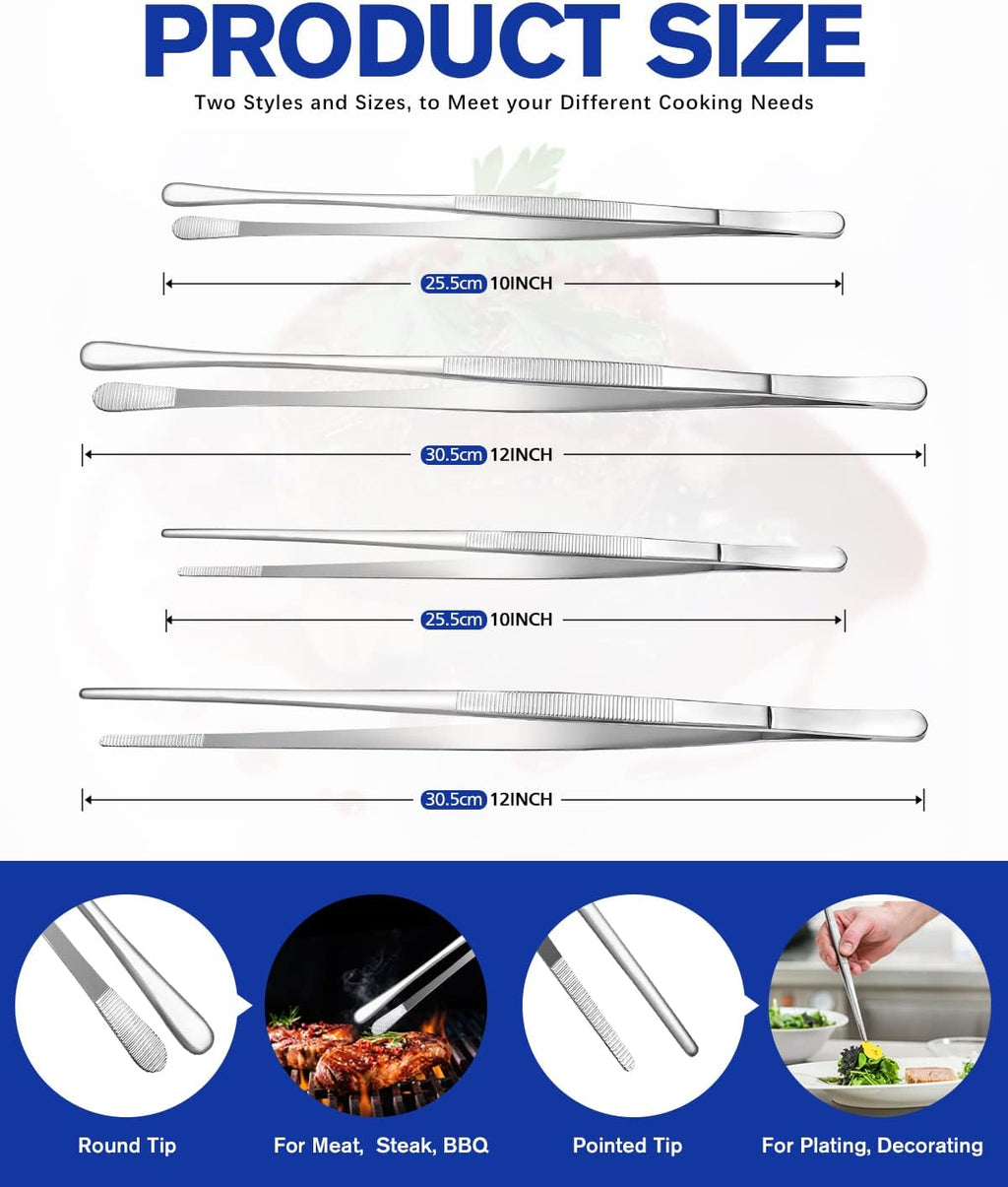 4 Pcs Fine Long Tweezer Tongs Professional Black, 12'' and 10'' Stainless Steel for Kitchen, Food, Cooking, Repairing, Sea food and BBQ