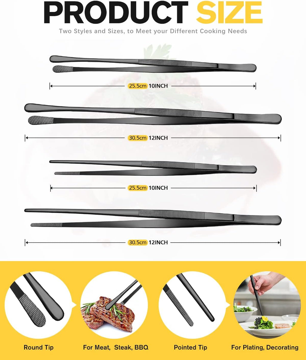 4 Pcs Fine Long Tweezer Tongs Professional Black, 12'' and 10'' Stainless Steel for Kitchen, Food, Cooking, Repairing, Sea food and BBQ