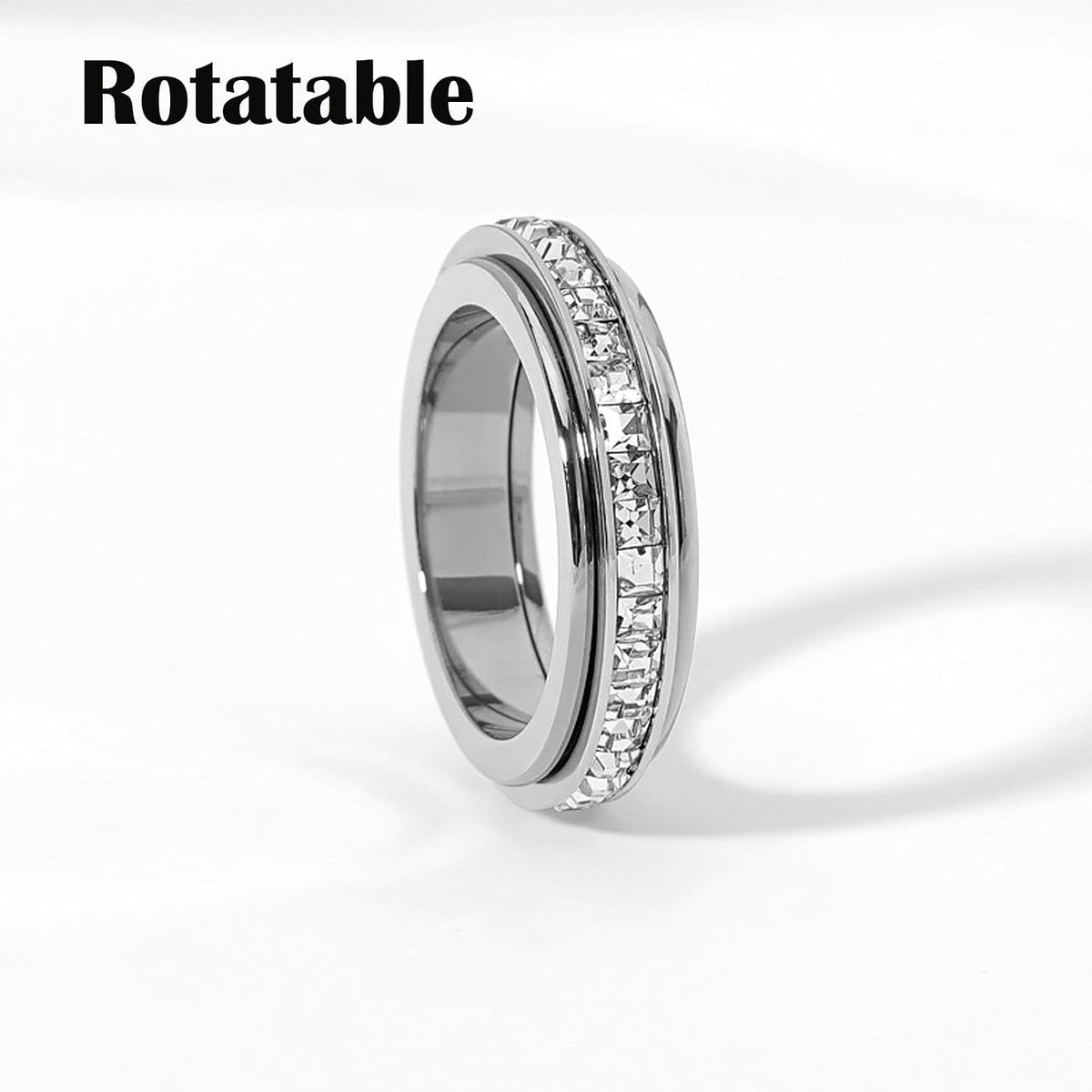 Sparkling Spinning Ring, Anxiety Rings Titanium Steel Spinner Fidget Band Rings for Women Cubic Zirconia Relieving Anxiety Wedding Promise Lucky Statement Ring Comfort Fit Size 5 to 12