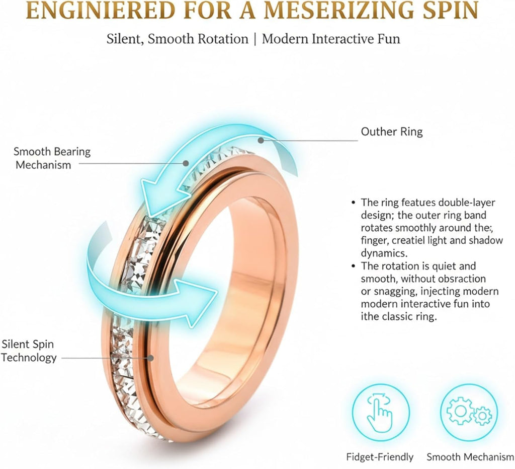 Sparkling Spinning Ring, Anxiety Rings Titanium Steel Spinner Fidget Band Rings for Women Cubic Zirconia Relieving Anxiety Wedding Promise Lucky Statement Ring Comfort Fit Size 5 to 12