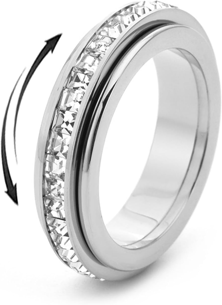 Sparkling Spinning Ring, Anxiety Rings Titanium Steel Spinner Fidget Band Rings for Women Cubic Zirconia Relieving Anxiety Wedding Promise Lucky Statement Ring Comfort Fit Size 5 to 12
