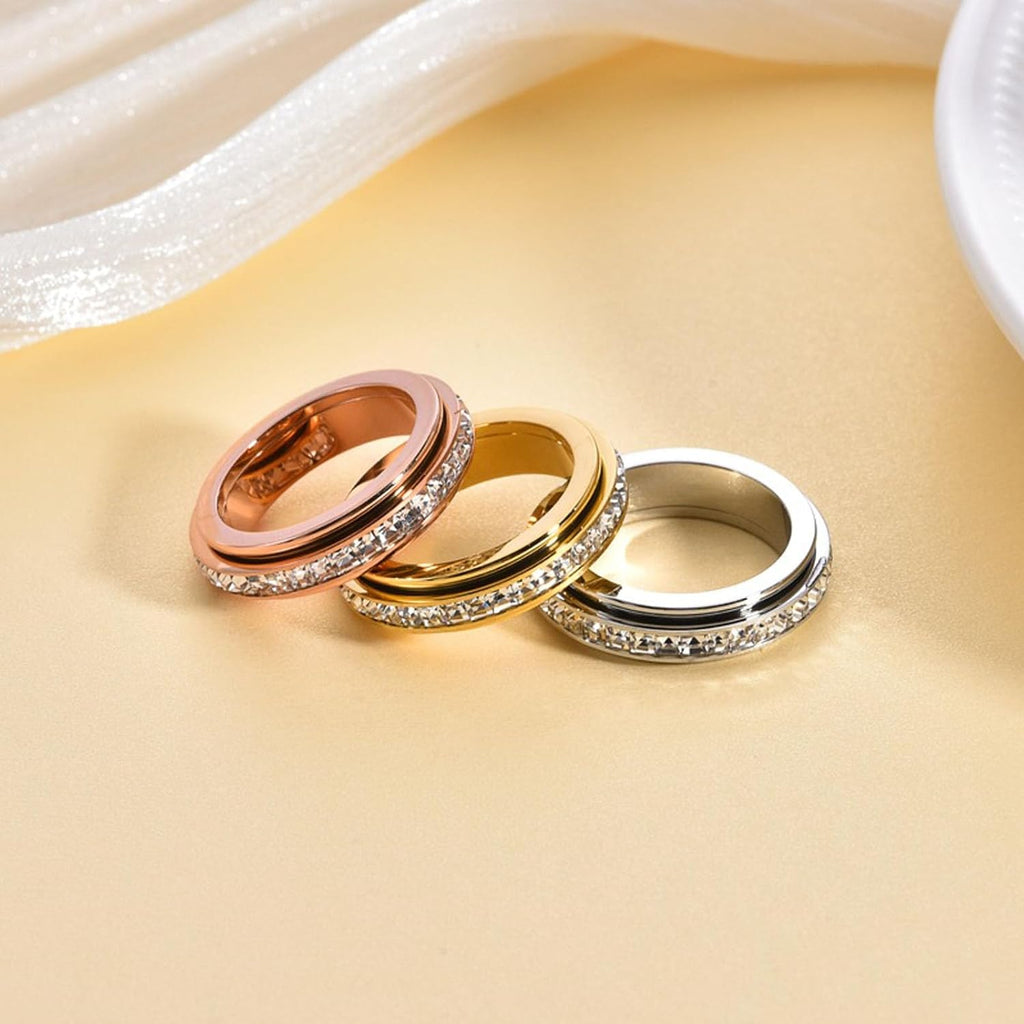 Sparkling Spinning Ring, Anxiety Rings Titanium Steel Spinner Fidget Band Rings for Women Cubic Zirconia Relieving Anxiety Wedding Promise Lucky Statement Ring Comfort Fit Size 5 to 12