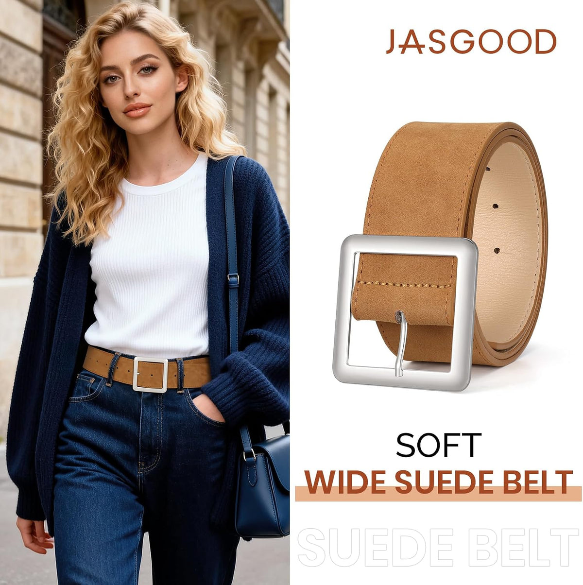 JASGOOD Women Wide Suede Belt Chunky Belts for Jeans Dresses Coats Ladies Waist Belt with Gold/Silver Buckle, Width 1.89"