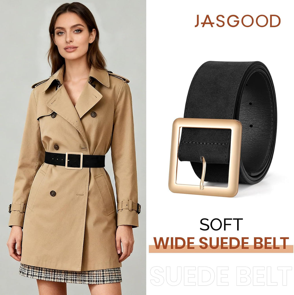 JASGOOD Women Wide Suede Belt Chunky Belts for Jeans Dresses Coats Ladies Waist Belt with Gold/Silver Buckle, Width 1.89"