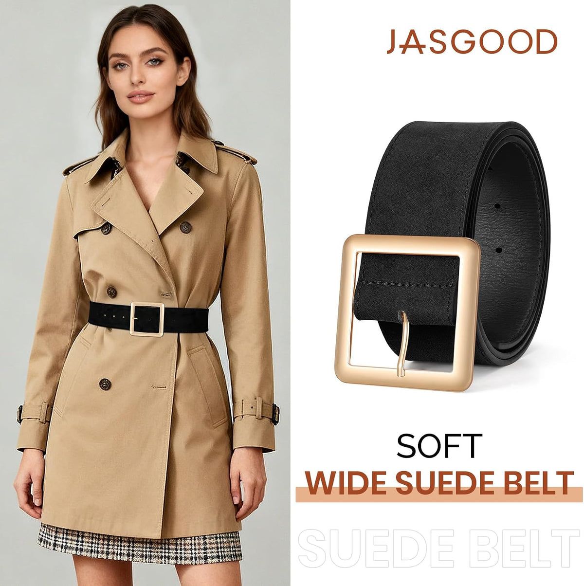 JASGOOD Women Wide Suede Belt Chunky Belts for Jeans Dresses Coats Ladies Waist Belt with Gold/Silver Buckle, Width 1.89"