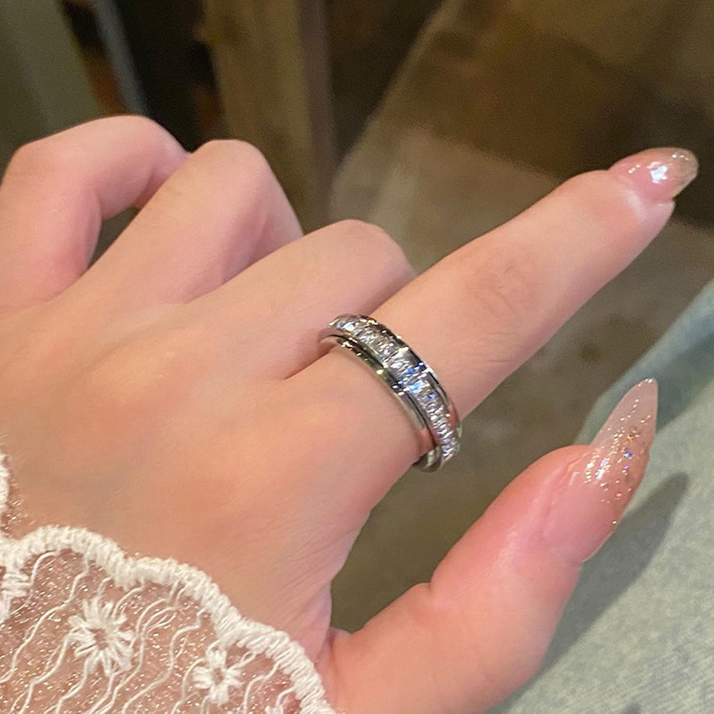 Sparkling Spinning Ring, Anxiety Rings Titanium Steel Spinner Fidget Band Rings for Women Cubic Zirconia Relieving Anxiety Wedding Promise Lucky Statement Ring Comfort Fit Size 5 to 12