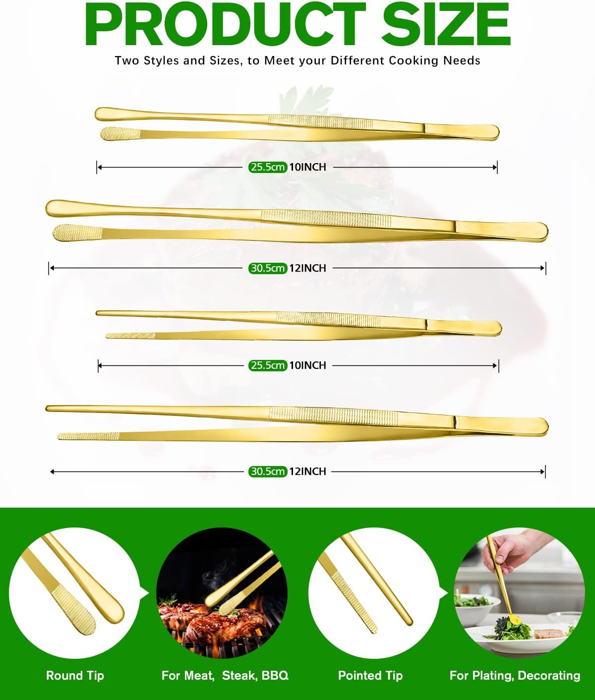 4 Pcs Fine Long Tweezer Tongs Professional Black, 12'' and 10'' Stainless Steel for Kitchen, Food, Cooking, Repairing, Sea food and BBQ