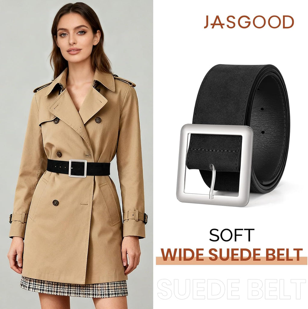 JASGOOD Women Wide Suede Belt Chunky Belts for Jeans Dresses Coats Ladies Waist Belt with Gold/Silver Buckle, Width 1.89"