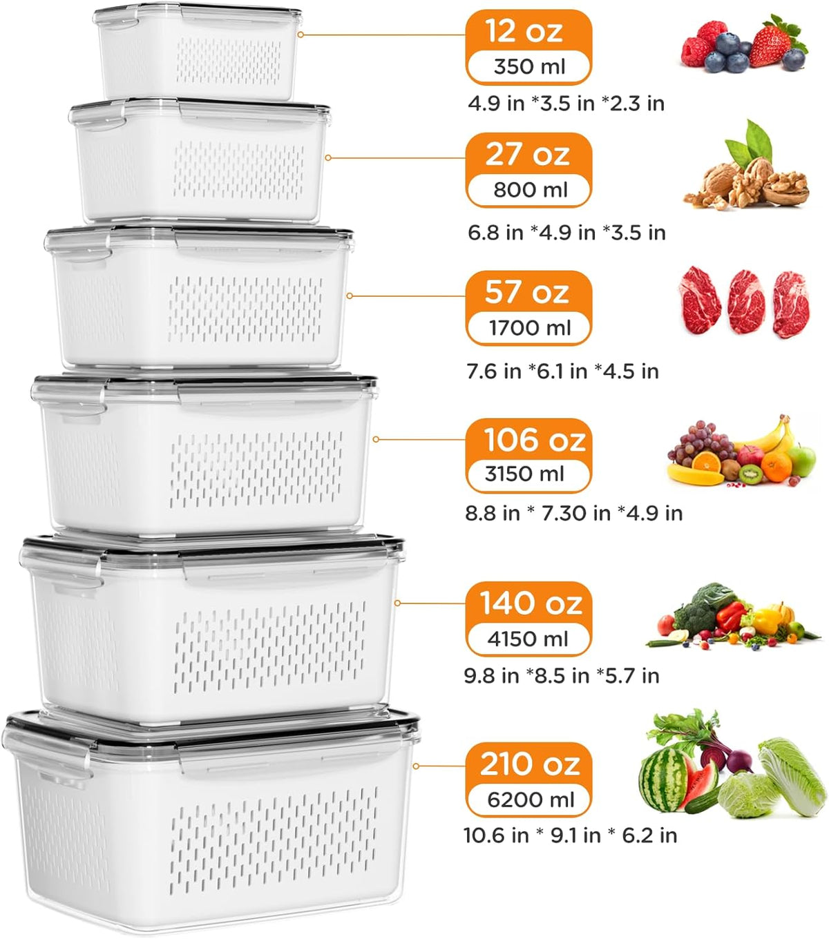 5-Pack Fruit Storage Containers for Fridge with Removable Colanders, 4 in 1 Produce Storage Containers with Lids, Leakproof Fridge Organizer Bins for Salad Berry Lettuce Vegetables Meat Keeper Fresh