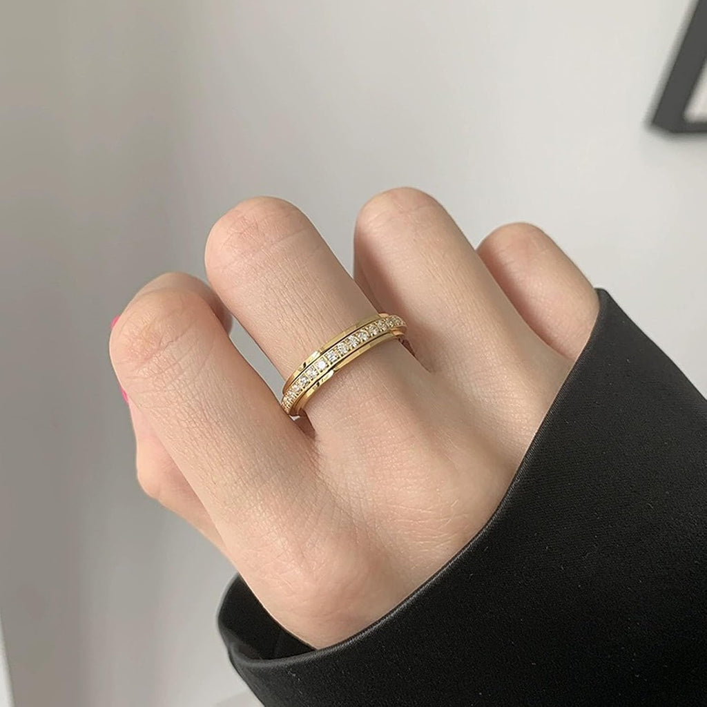 Sparkling Spinning Ring, Anxiety Rings Titanium Steel Spinner Fidget Band Rings for Women Cubic Zirconia Relieving Anxiety Wedding Promise Lucky Statement Ring Comfort Fit Size 5 to 12