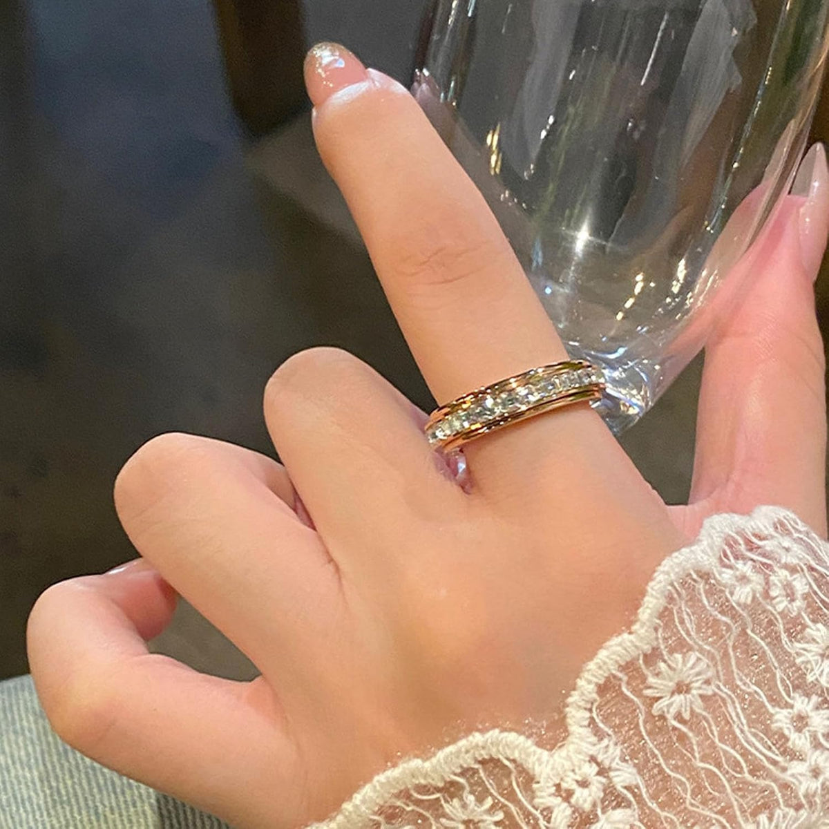 Sparkling Spinning Ring, Anxiety Rings Titanium Steel Spinner Fidget Band Rings for Women Cubic Zirconia Relieving Anxiety Wedding Promise Lucky Statement Ring Comfort Fit Size 5 to 12
