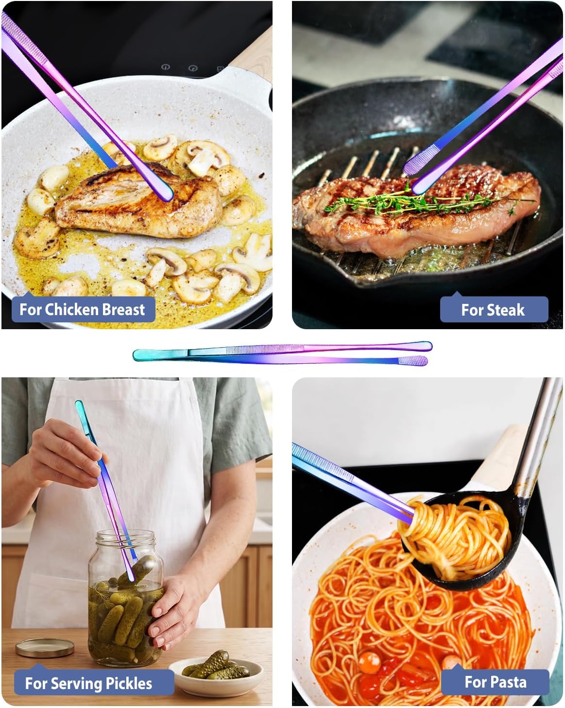 4 Pcs Fine Long Tweezer Tongs Professional Black, 12'' and 10'' Stainless Steel for Kitchen, Food, Cooking, Repairing, Sea food and BBQ