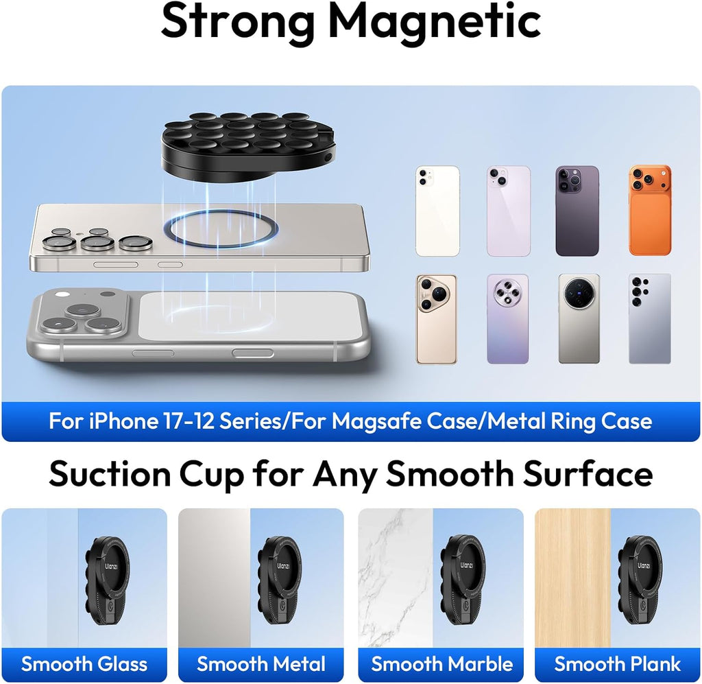ULANZI MA39 3-in-1 Suction Magnetic Phone Holder for MagSafe, 360° Rotatable Phone Tripod Mount with Carabiner Clip, Compatible with for iPhone 17-12, Ideal for Car Dashboard, Gym, Kitchen, Office