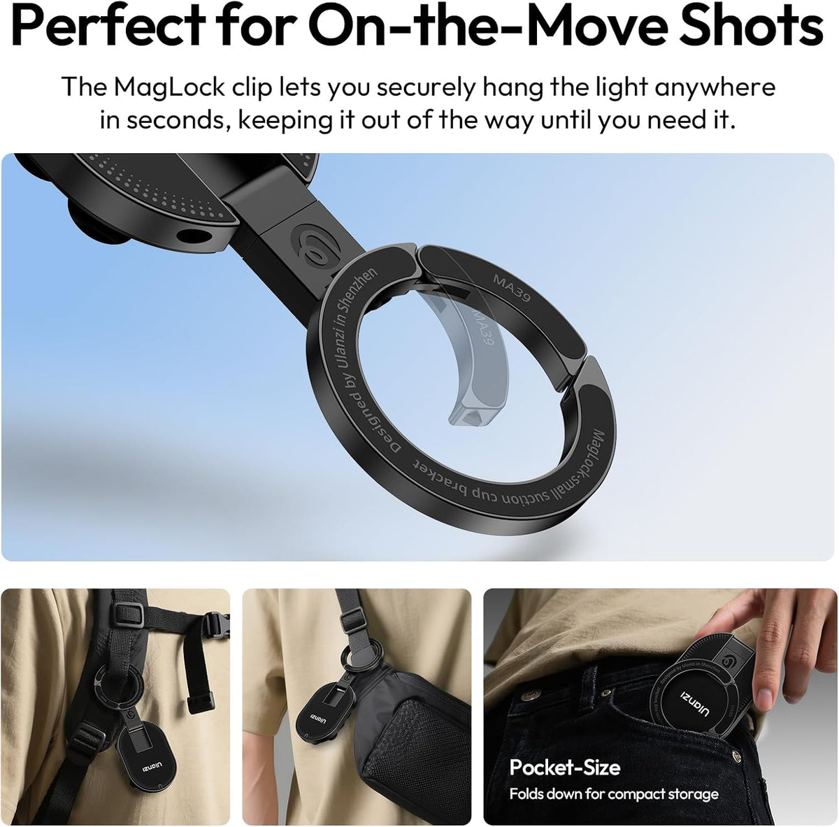ULANZI MA39 3-in-1 Suction Magnetic Phone Holder for MagSafe, 360° Rotatable Phone Tripod Mount with Carabiner Clip, Compatible with for iPhone 17-12, Ideal for Car Dashboard, Gym, Kitchen, Office