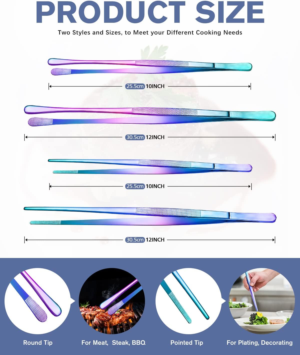 4 Pcs Fine Long Tweezer Tongs Professional Black, 12'' and 10'' Stainless Steel for Kitchen, Food, Cooking, Repairing, Sea food and BBQ