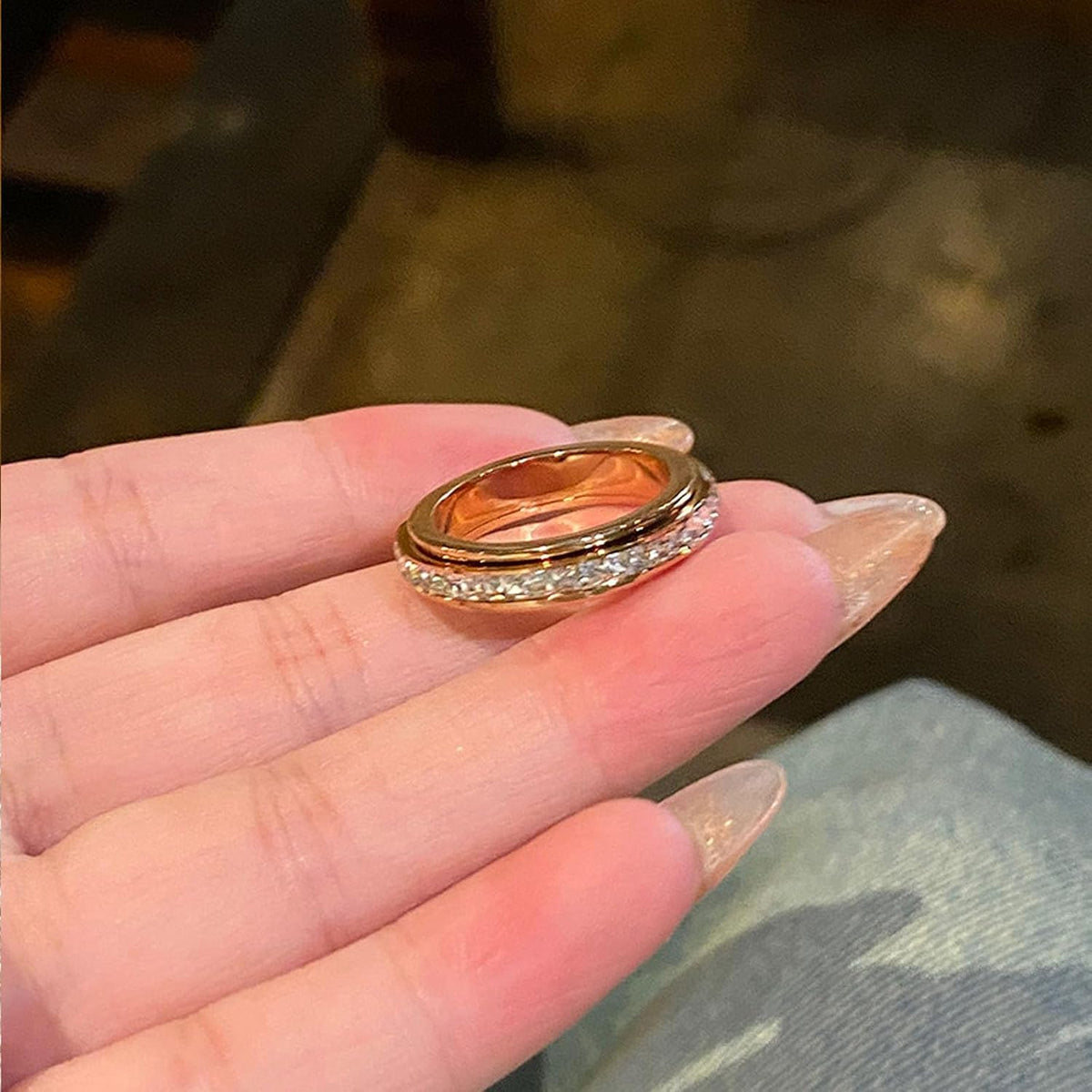 Sparkling Spinning Ring, Anxiety Rings Titanium Steel Spinner Fidget Band Rings for Women Cubic Zirconia Relieving Anxiety Wedding Promise Lucky Statement Ring Comfort Fit Size 5 to 12