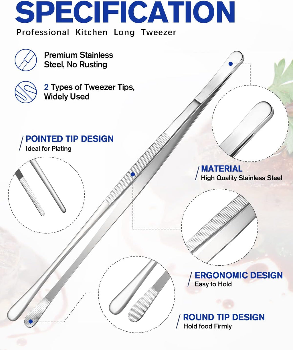 4 Pcs Fine Long Tweezer Tongs Professional Black, 12'' and 10'' Stainless Steel for Kitchen, Food, Cooking, Repairing, Sea food and BBQ