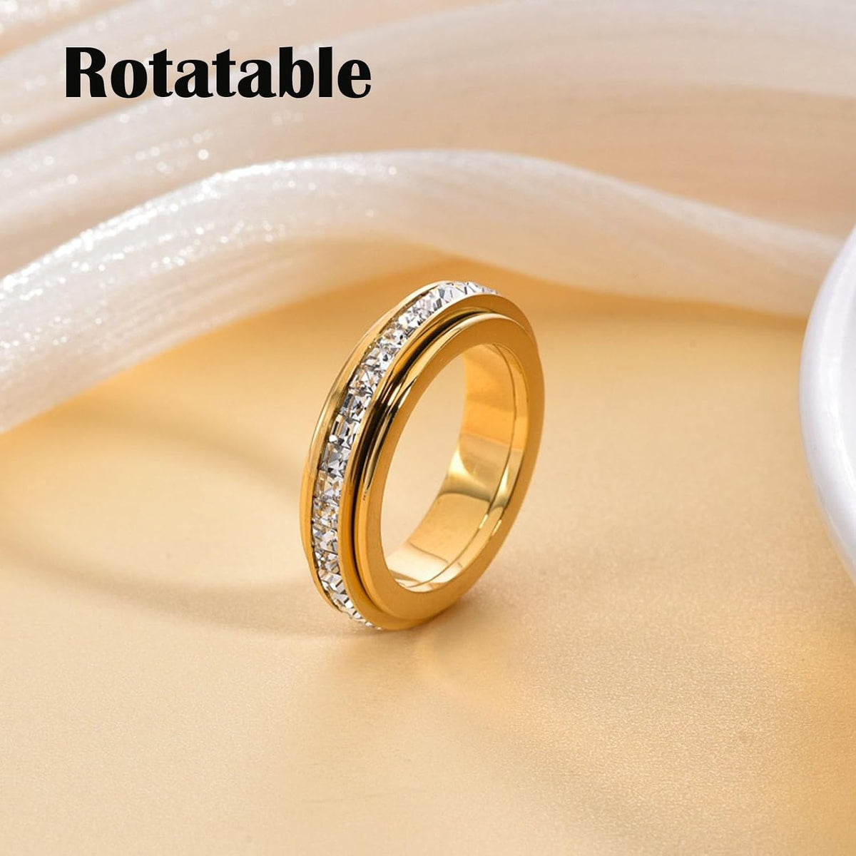Sparkling Spinning Ring, Anxiety Rings Titanium Steel Spinner Fidget Band Rings for Women Cubic Zirconia Relieving Anxiety Wedding Promise Lucky Statement Ring Comfort Fit Size 5 to 12