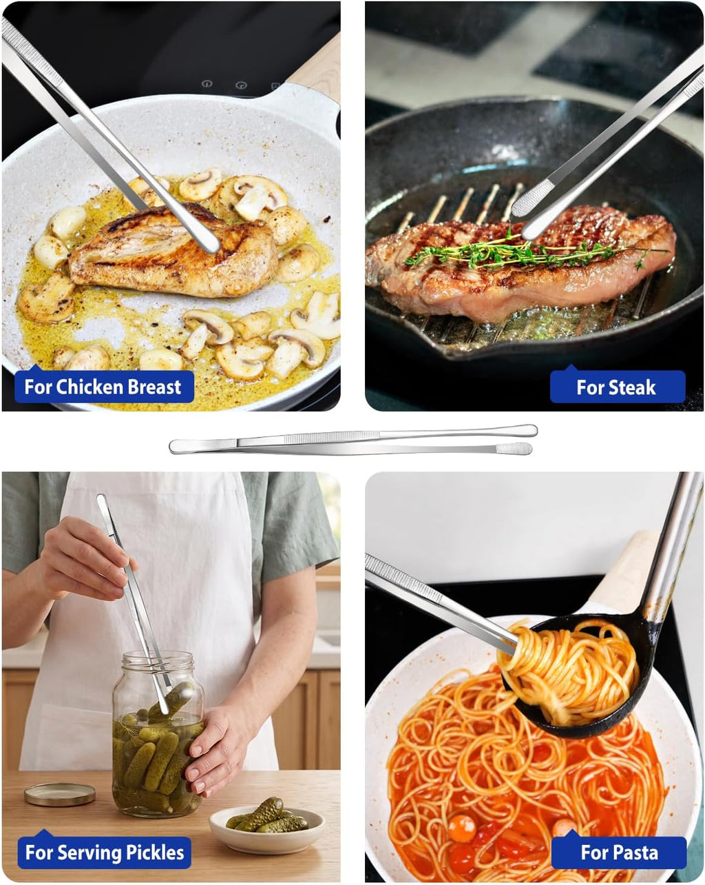 4 Pcs Fine Long Tweezer Tongs Professional Black, 12'' and 10'' Stainless Steel for Kitchen, Food, Cooking, Repairing, Sea food and BBQ