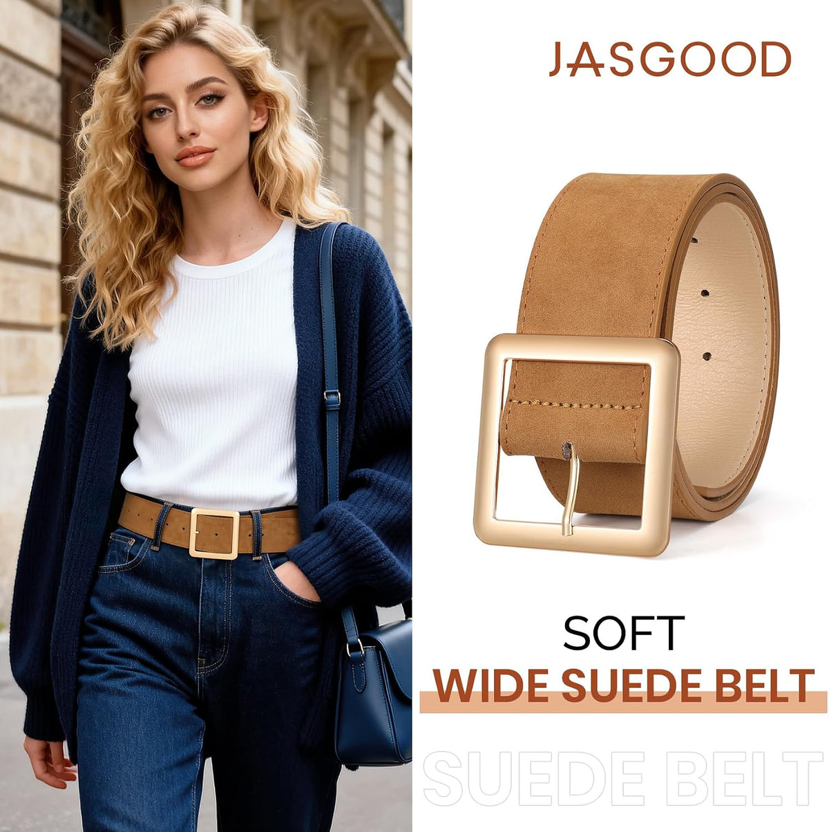 JASGOOD Women Wide Suede Belt Chunky Belts for Jeans Dresses Coats Ladies Waist Belt with Gold/Silver Buckle, Width 1.89"