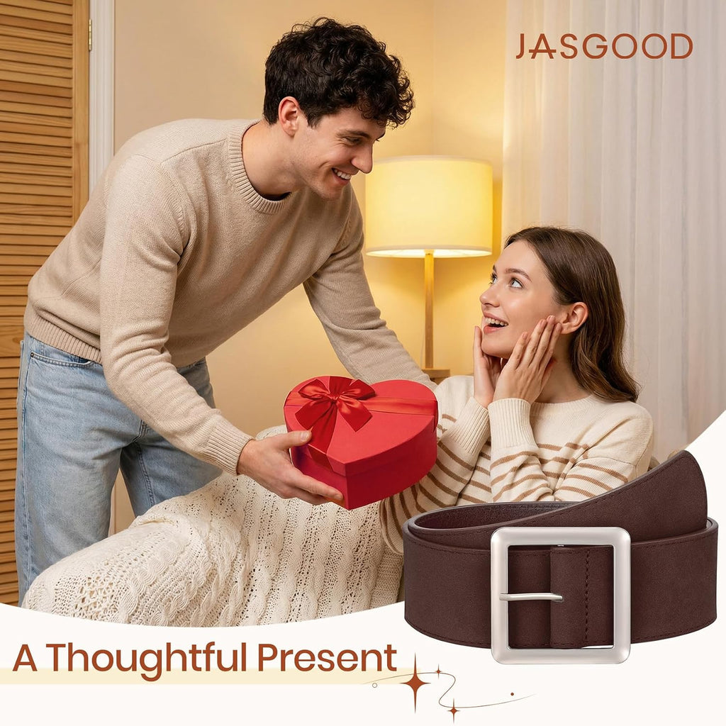 JASGOOD Women Wide Suede Belt Chunky Belts for Jeans Dresses Coats Ladies Waist Belt with Gold/Silver Buckle, Width 1.89"