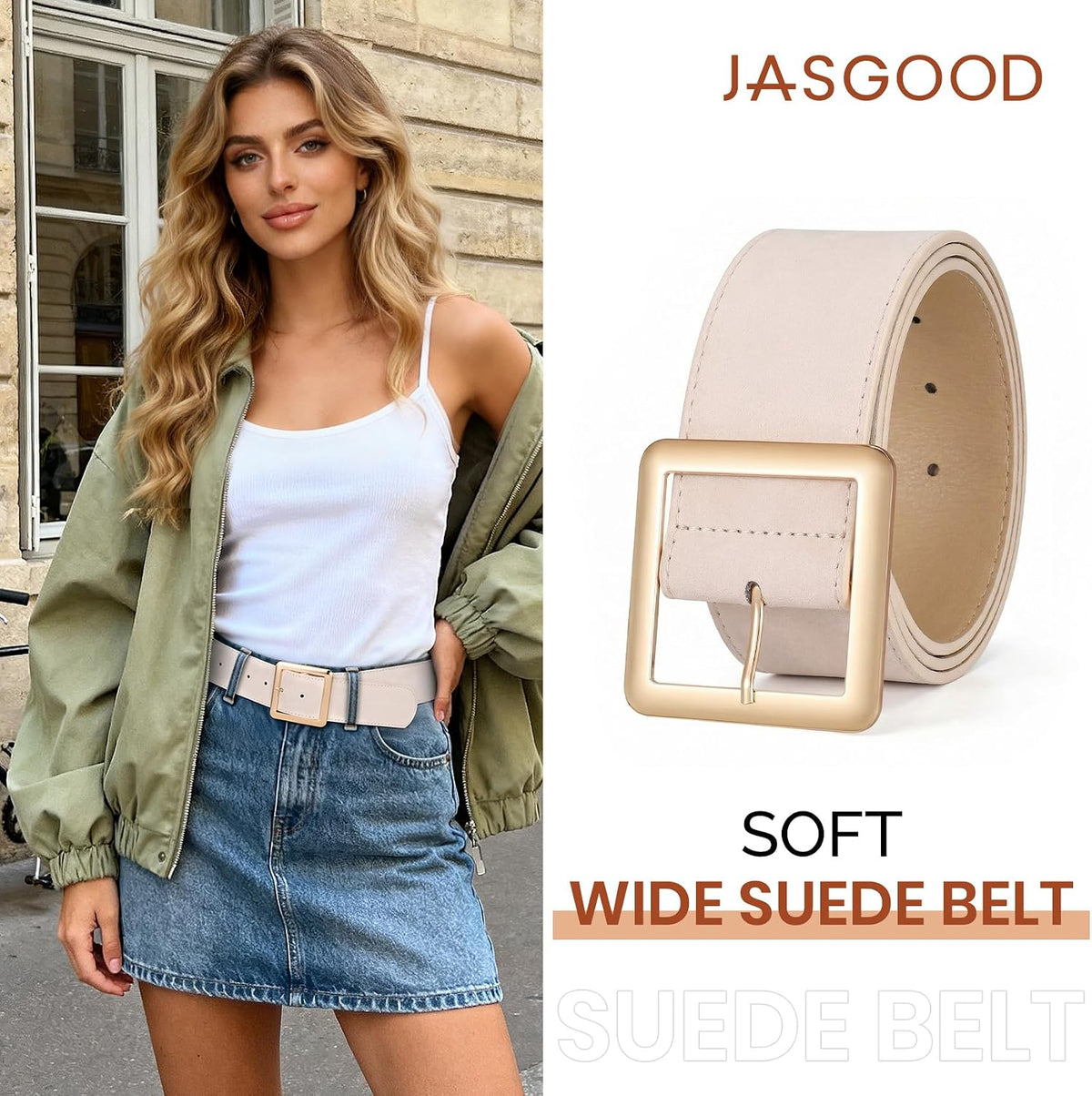 JASGOOD Women Wide Suede Belt Chunky Belts for Jeans Dresses Coats Ladies Waist Belt with Gold/Silver Buckle, Width 1.89"