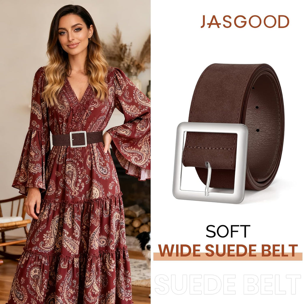 JASGOOD Women Wide Suede Belt Chunky Belts for Jeans Dresses Coats Ladies Waist Belt with Gold/Silver Buckle, Width 1.89"