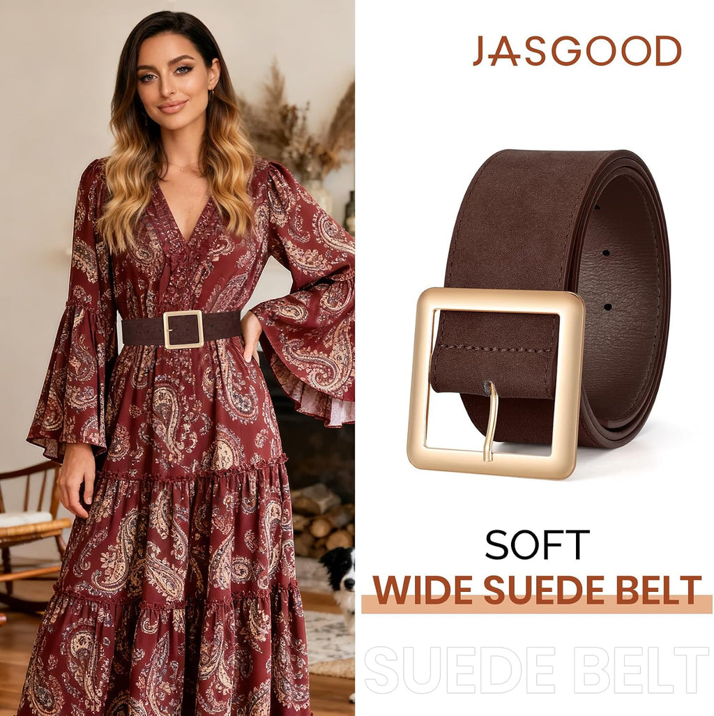 JASGOOD Women Wide Suede Belt Chunky Belts for Jeans Dresses Coats Ladies Waist Belt with Gold/Silver Buckle, Width 1.89"