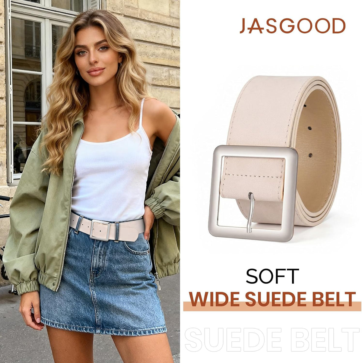 JASGOOD Women Wide Suede Belt Chunky Belts for Jeans Dresses Coats Ladies Waist Belt with Gold/Silver Buckle, Width 1.89"